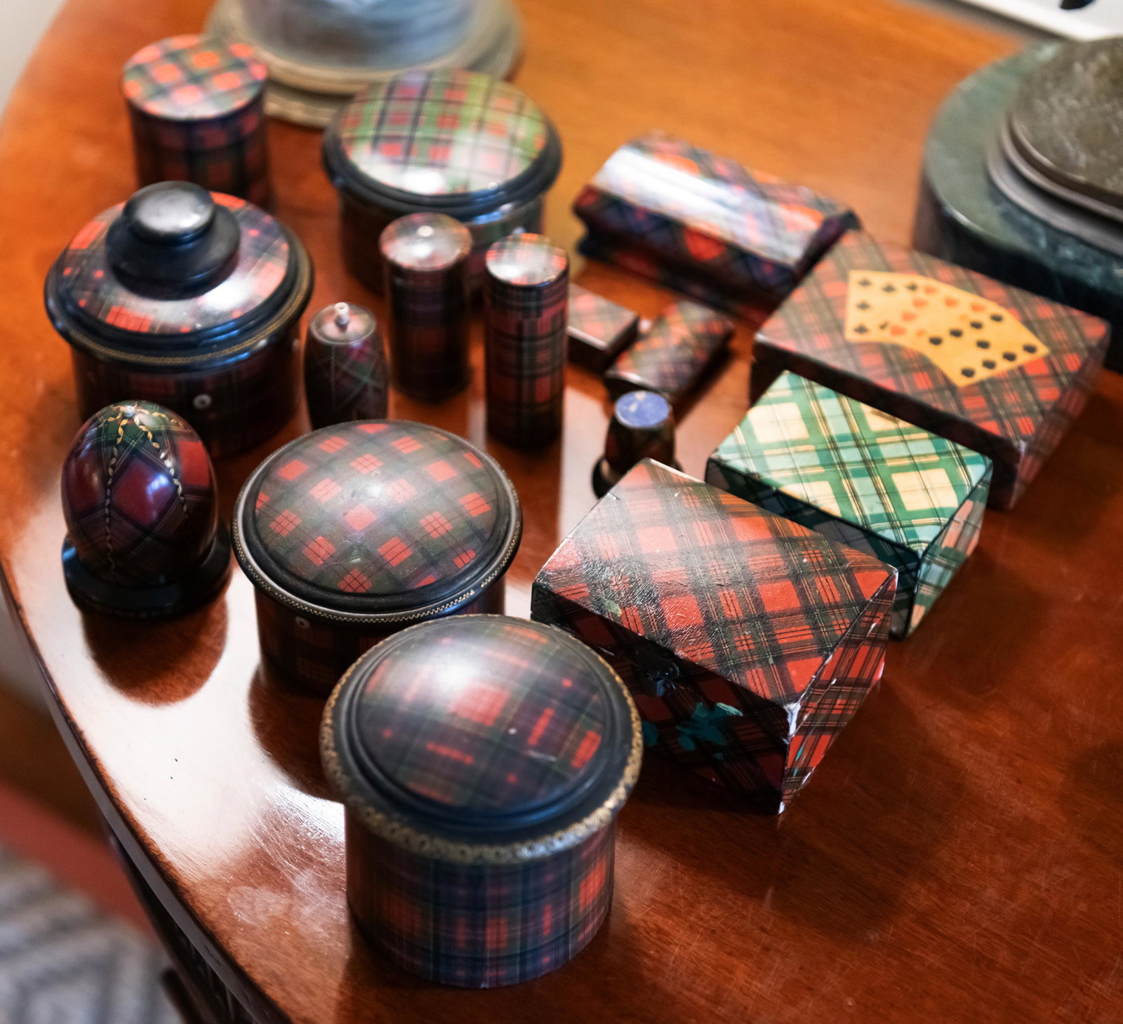 Group of Tartan Ware: Group of Tartan Ware Comprising: Threestring boxes Two cylindricalboxes Two rectangular boxes A shaped sewing box Three various cylindrical boxes An egg form box A games box A match case