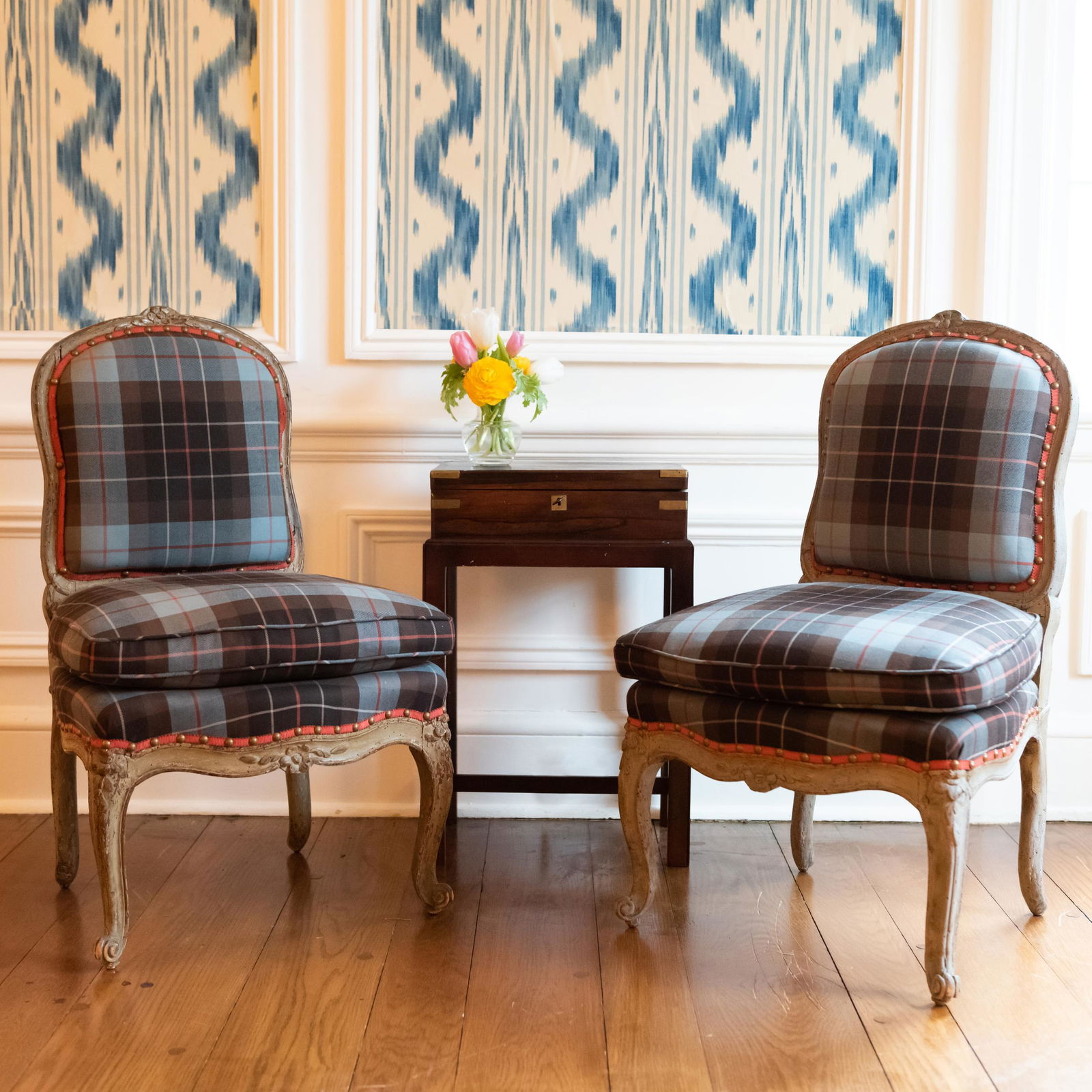 Pair of Louis XV Provincial Grey Painted Chaises: Pair of Louis XV Provincial Grey Painted Chaises 30 3/4 in. x 20 in. x 20 in.; seat height 15 1/2 in. The Collection of Susie Hilfiger at Denbigh Farm
