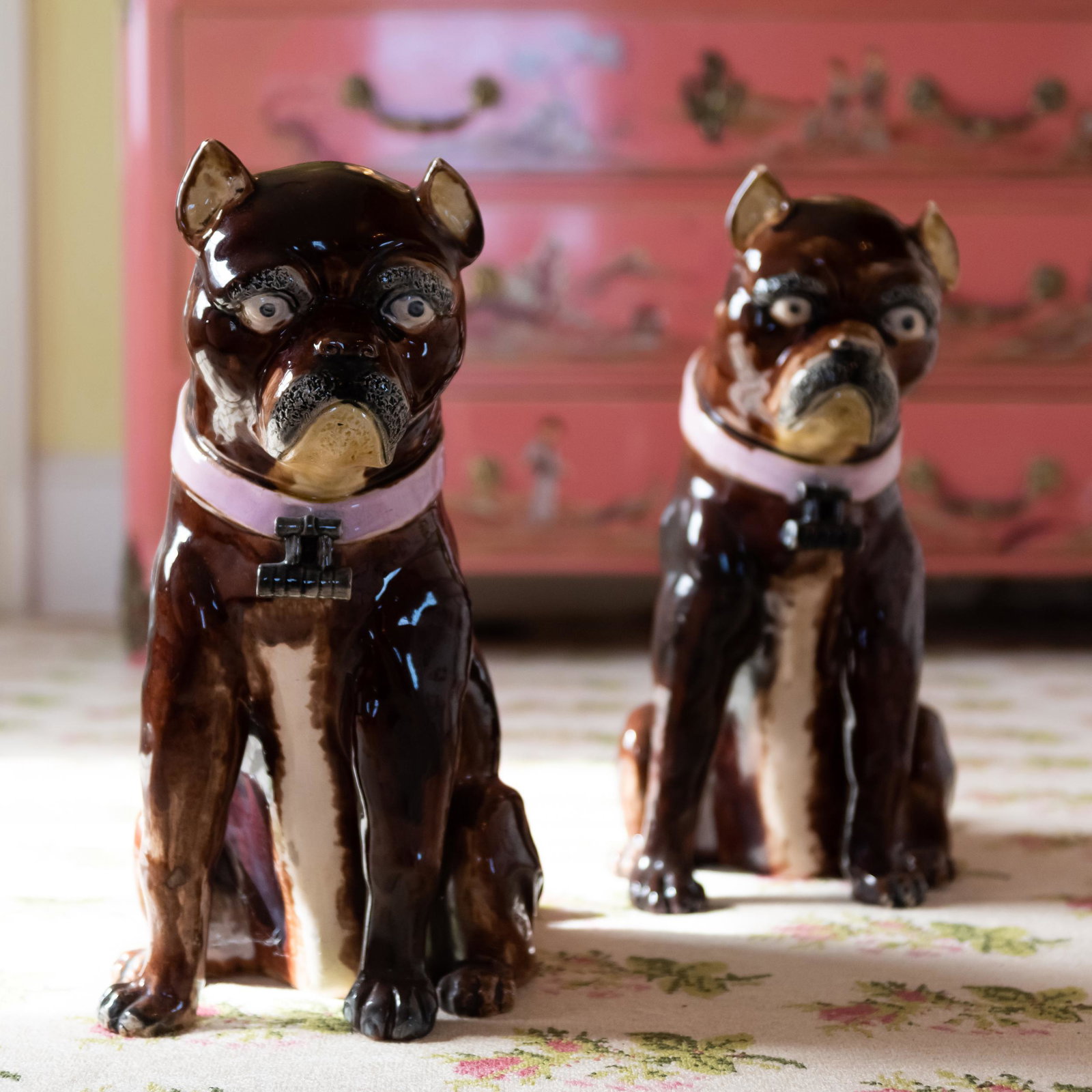 Pair of Large Ceramic Models of Pugs: Pair of Large Ceramic Models of Pugs Unmarked. 16 1/2 x 11 x 8 in. The Collection of Susie Hilfiger at Denbigh Farm