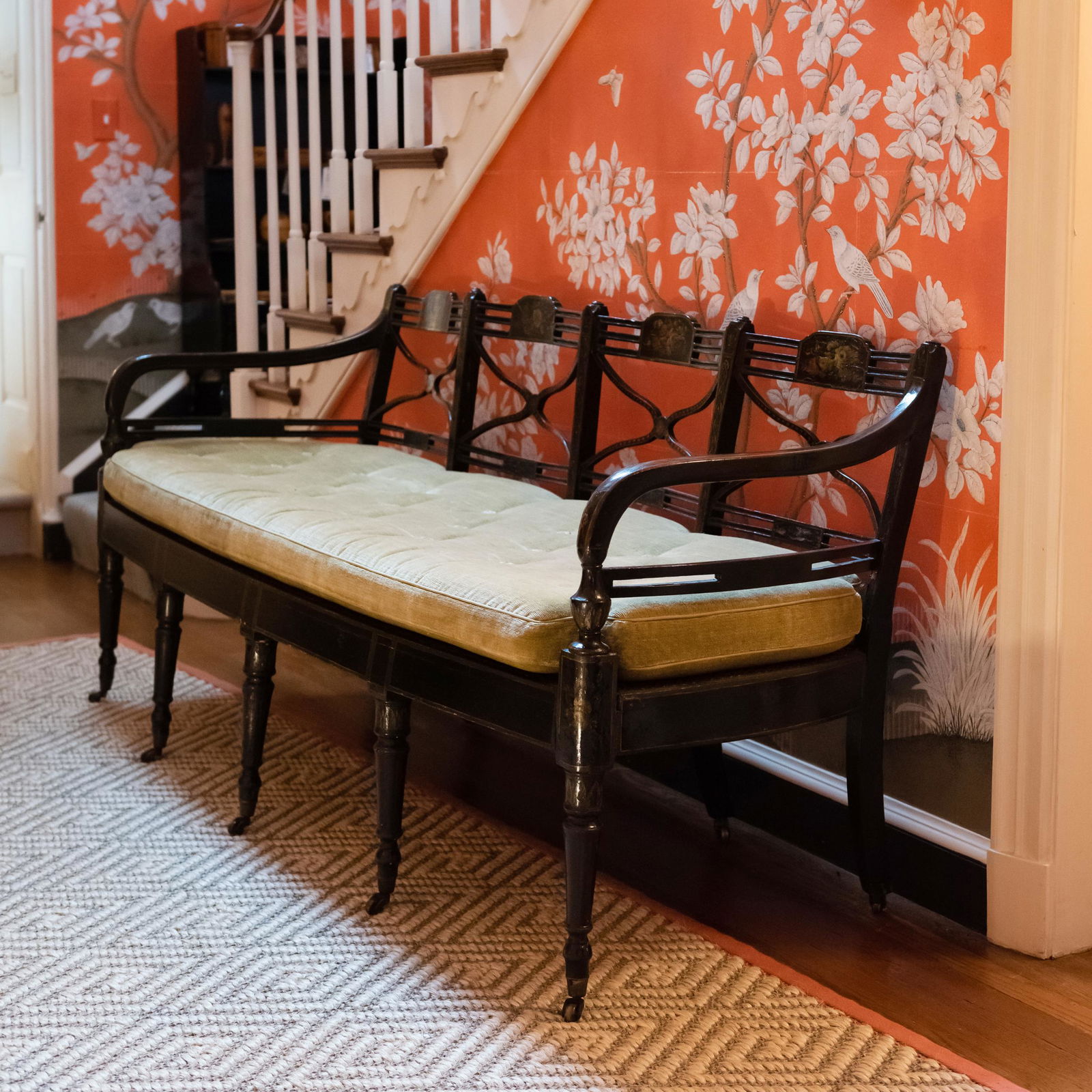 George III Ebonized, Polychrome Painted and Caned Settee (1 of 20)