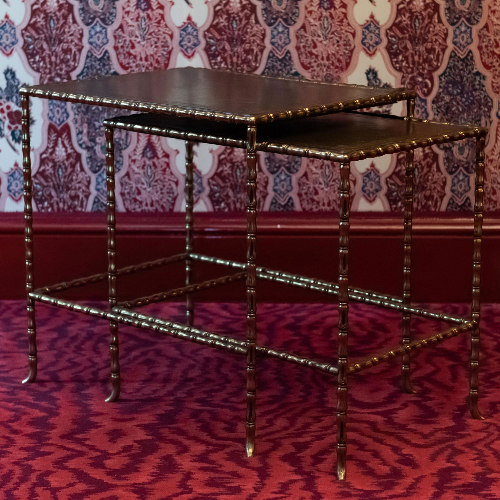 Two Cast Brass and Leather Topped Nesting Tables, in the Manner of Bagues (1 of 8)