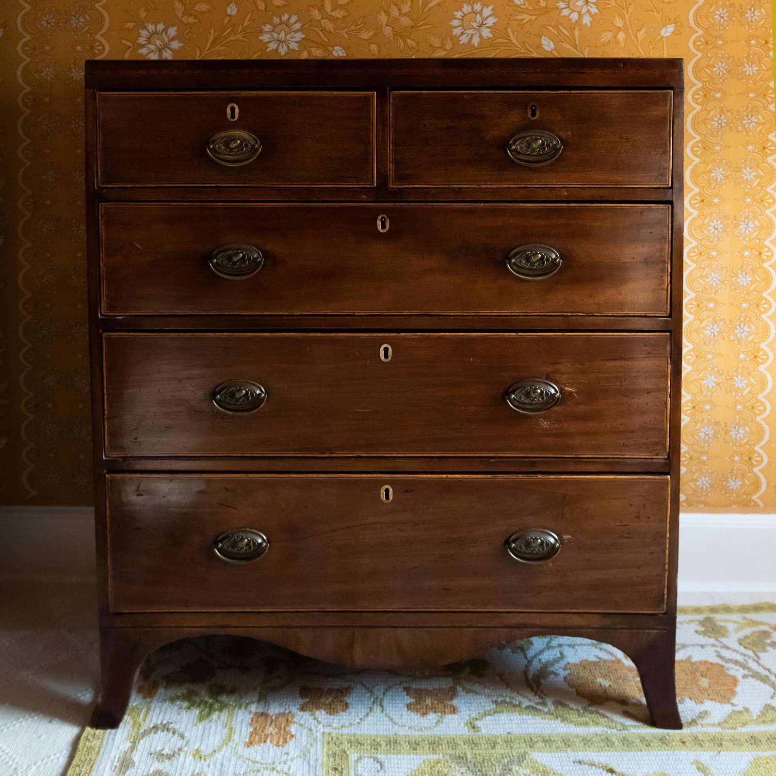 George III Inlaid Mahogany Chest of Drawers: George III Inlaid Mahogany Chest of Drawers 41 in. x 35 in. x 16 1/4 in. The Collection of Susie Hilfiger at Denbigh Farm