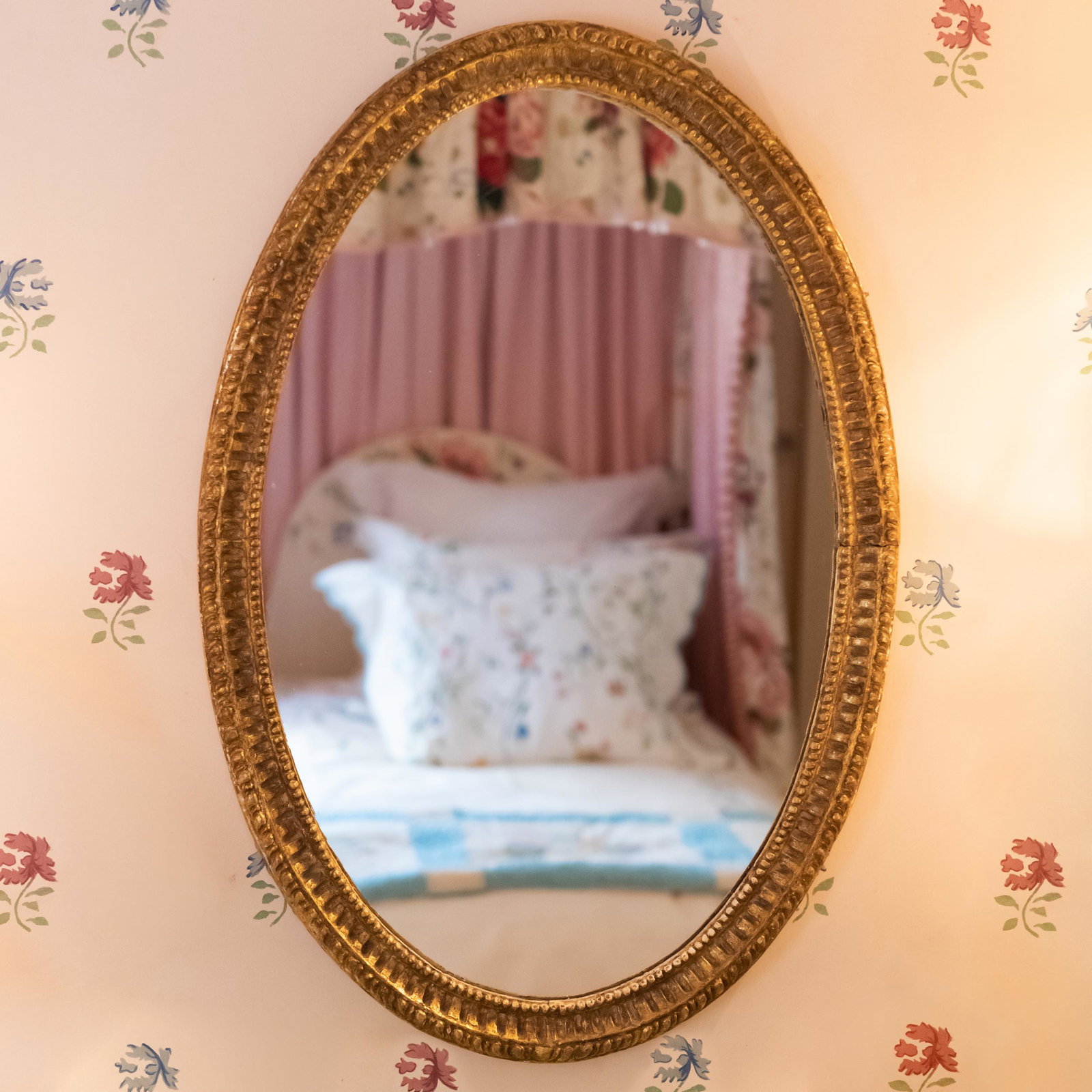 George III Style Giltwood Oval Mirror: George III Style Giltwood Oval Mirror 31 x 21 in. The Collection of Susie Hilfiger at Denbigh Farm