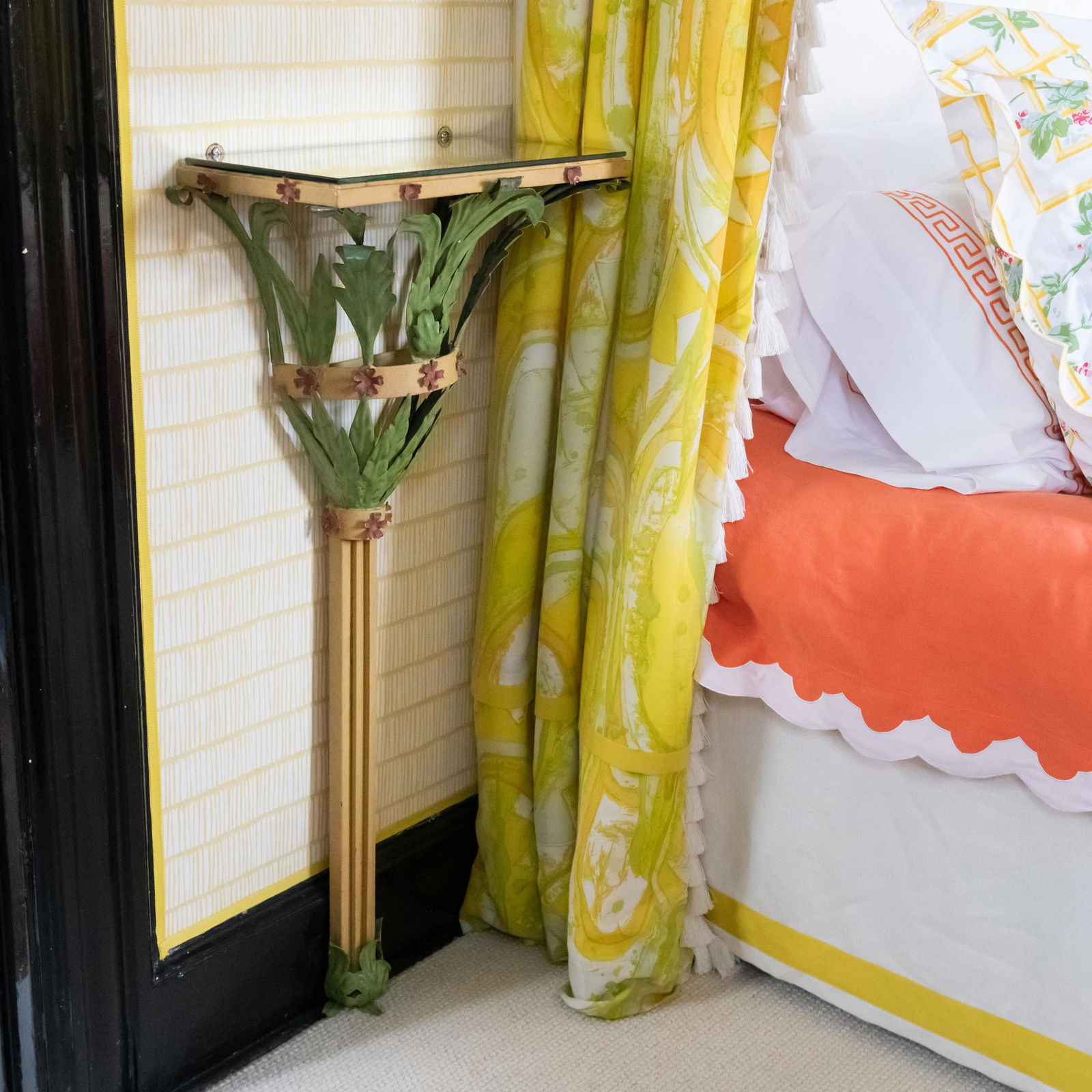 Pair of Painted Tole and Wood Palm-Frond Console Tables with Mirrored Tops (1 of 11)