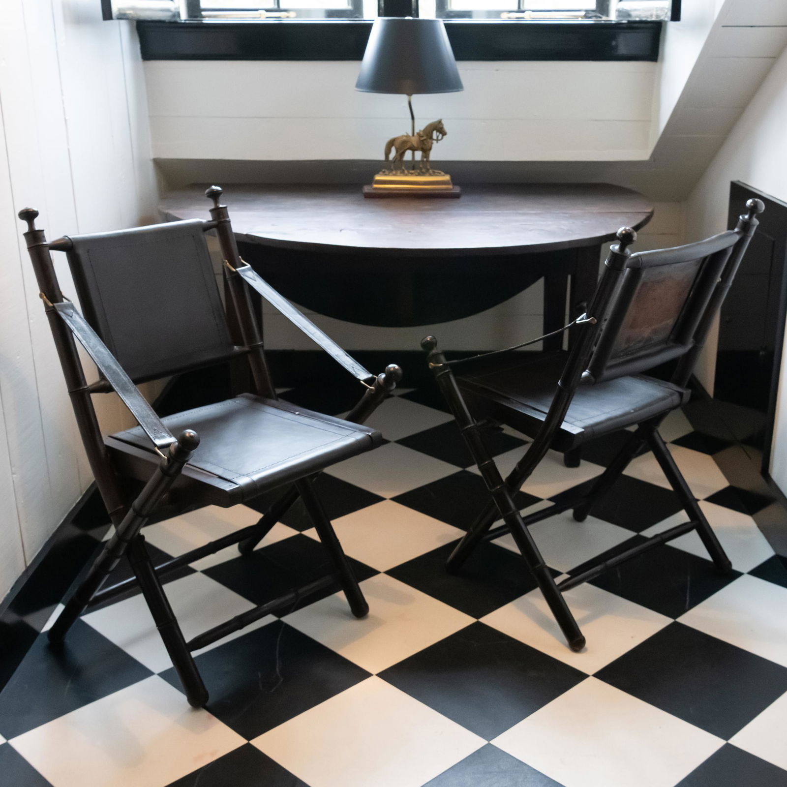 Pair of Ebonized Wood and Leather Folding Chairs (1 of 13)