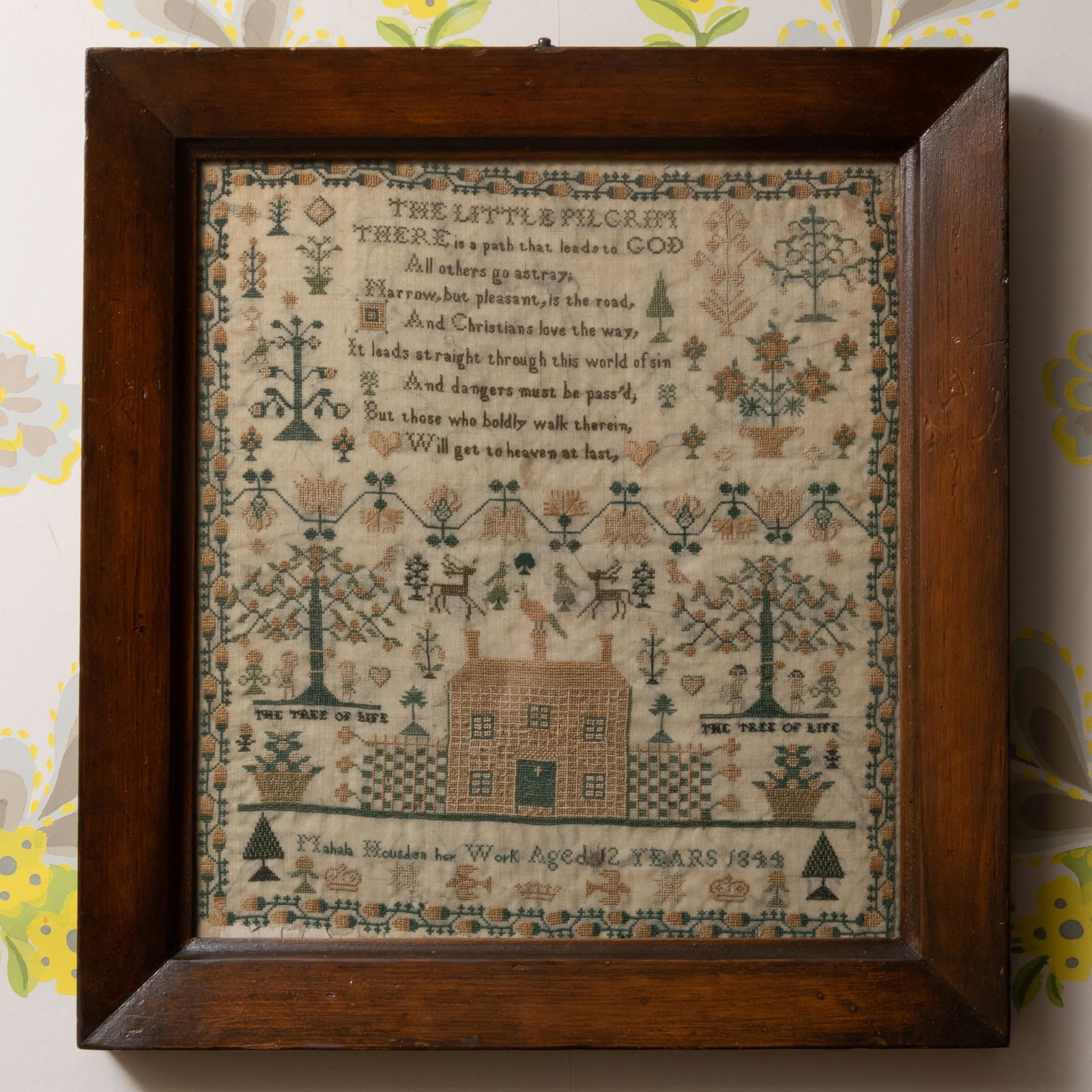 English Needlework Sampler, Signed Mahala Housden, Aged 12, 1844, Depicting Two Trees of Life (1 of 1)