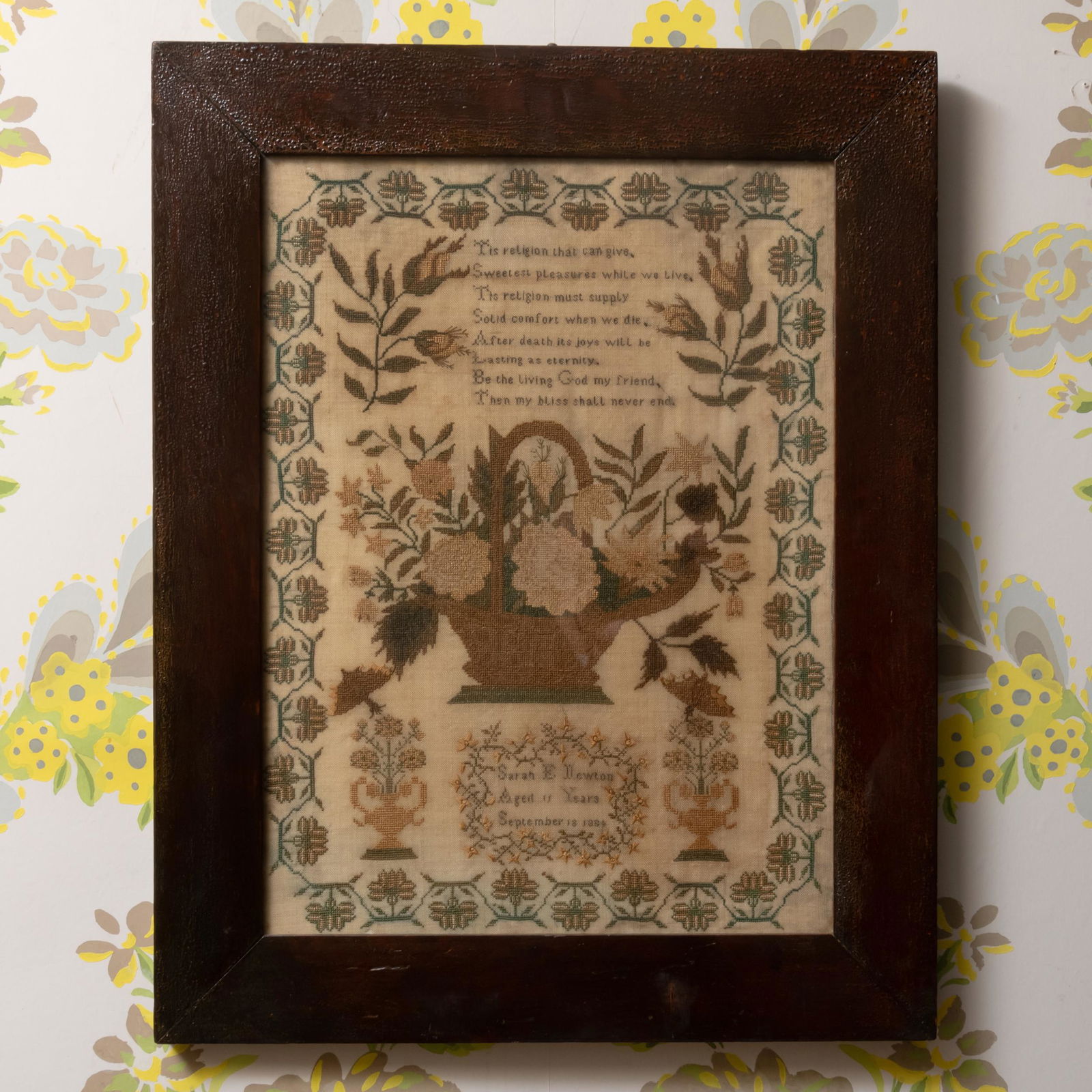 English Needlework Sampler, Signed Sarah Newton, Aged 11 Years, September 18, 1834 (1 of 1)