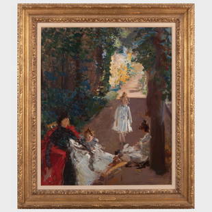 Frederick William MacMonnies (1863-1937): Mrs. Frederick MacMonnies and Children in the Garden of: Frederick William MacMonnies (1863-1937): Mrs. Frederick MacMonnies and Children in the Garden of Giverny Oil on canvas, c. 1895, unsigned, with label from Kennedy Galleries, Inc., NY, lined. 25 x 21