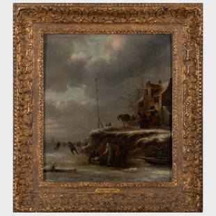 Klaes Molenaer (1627 - 1676): Winter on the Canal: Klaes Molenaer (1627 - 1676): Winter on the Canal Oil on panel, signed 'C Molenaer' lower right, with label from House Galleries, NY. 12 1/2 x 11 in., 17 1/4 x 15 3/4 in. (frame). Property from the Co