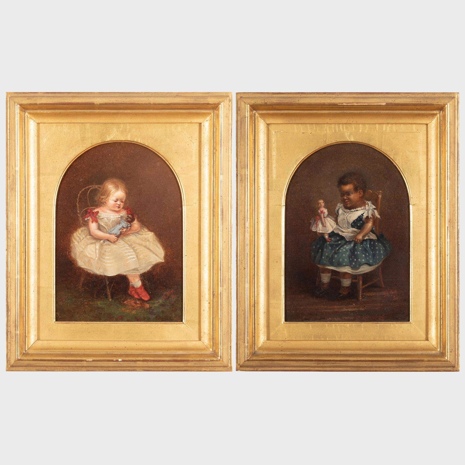 Thomas Nast (1840-1902): Girls with Dolls: A Pair: Thomas Nast (1840-1902): Girls with Dolls: A Pair Two oil on board, 1863, both signed 'Th. Nast' and dated lower right, with labels from Windsor & Newton. Both 10 1/2 x 7 1/2 in., 15 1/2 x 12 1/2 in.