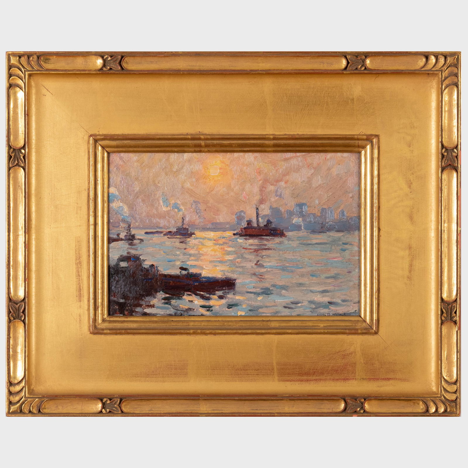 Everett Longley Warner (1877-1963): Sunset, New York Harbor: Everett Longley Warner (1877-1963): Sunset, New York Harbor Oil on board, signed 'Everett Warner' lower right, signed and titled on the reverse. 6 1/4 x 9 1/4 in., 13 x 16 1/4 in. (frame). The Cooley