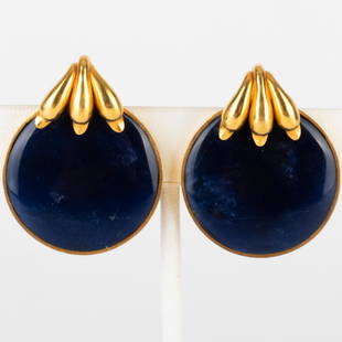 Ilias Lalaounis Pair of Sodalite and Gold Earclips: Ilias Lalaounis Pair of Sodalite and Gold Earclips Marked 'Greece' and with multiple hallmarks; together with a single Lalaounis 18k gold earclip, also marked 'Greece' and with multiple hallmarks. Pai