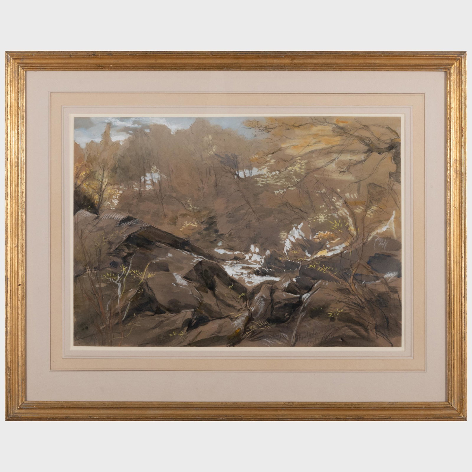 James Holland (1800-1870): A Rocky Wooded River Valley in North Wales: James Holland (1800-1870): A Rocky Wooded River Valley in North Wales Watercolor, gouache, chalk and pencil on paper, 1850, signed with initials, dated and inscribed 'North Wales' lower right. 14 3/8 