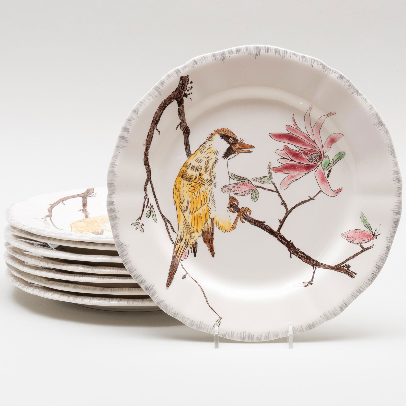 Set of Twelve Gien Porcelain Dinner Plates in 'Les Grands Oiseaux' Pattern: Set of Twelve Gien Porcelain Dinner Plates in 'Les Grands Oiseaux' Pattern Black printed mark. 10 1/4 in. diam. Chalet Espérance: The Collection of Jill and John Fairchild, Gstaad
