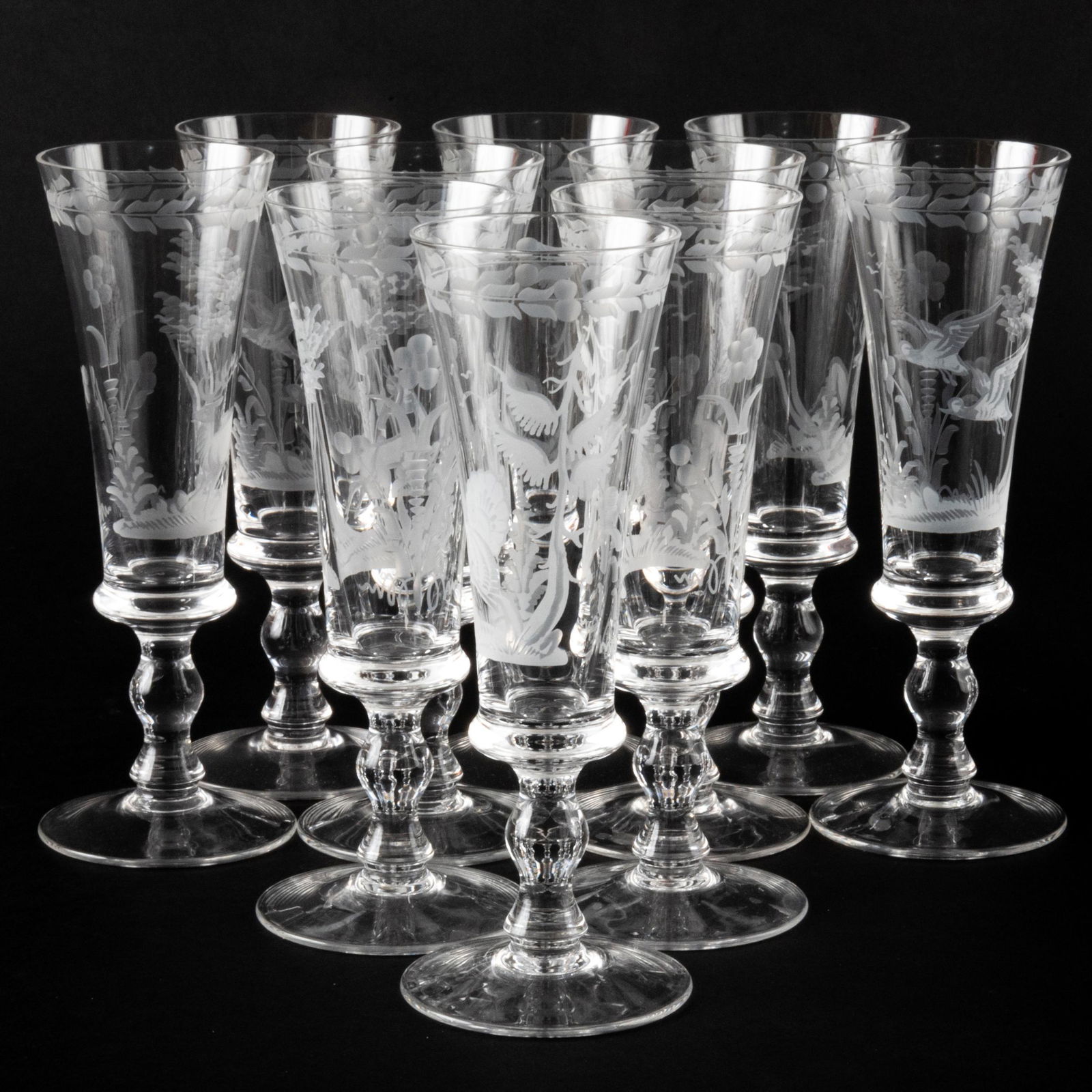 Set of Ten Etched Glass Champagne Flutes Decorated with Woodland Scenes (1 of 9)