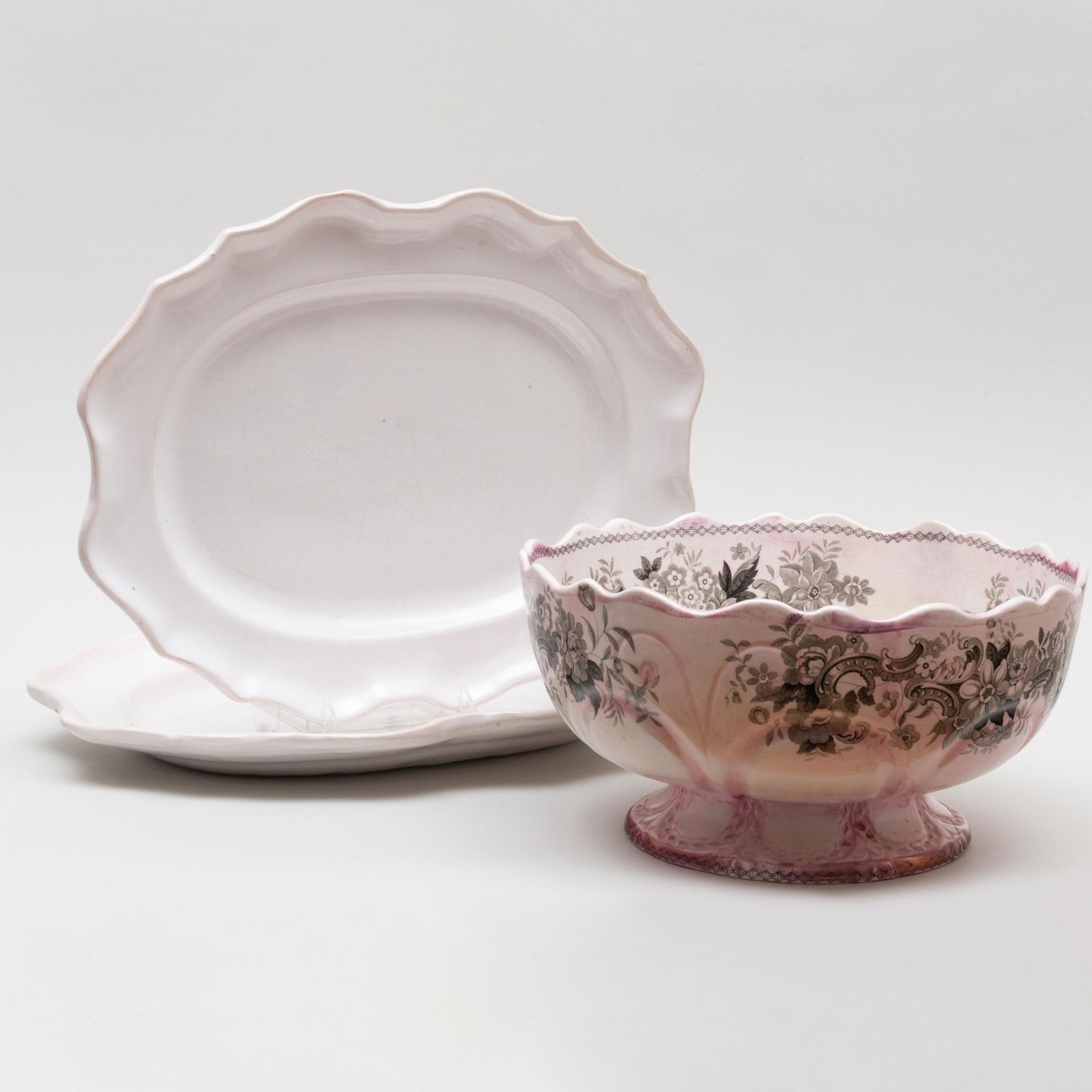 English Transfer Printed 'Berlin Chaplet' Punch Bowl and One Italian Oval Serving Platter (1 of 18)