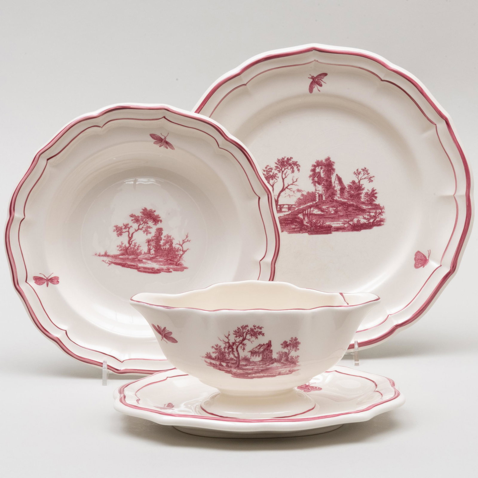 Gien Puce Decorated Porcelain Part Service in the 'Paysages Roses' Pattern (1 of 10)