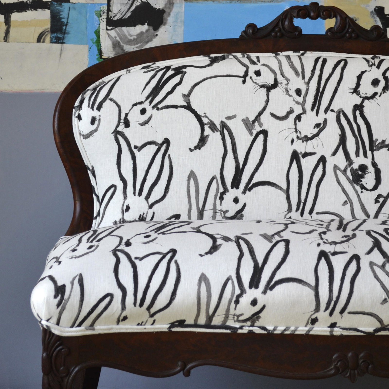 Victorian Carved Mahogany Window Bench, Upholstered with Hunt Slonem 'Bunny Hutch' Fabric (1 of 7)