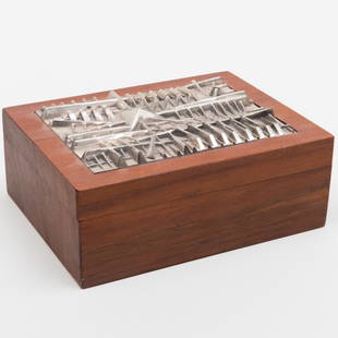 Arnaldo Pomodoro (b. 1926): Box: Arnaldo Pomodoro (b. 1926): Box Teak box with metal inset cover, with the stamped signature. 2 x 4 1/2 x 5 1/2 in.