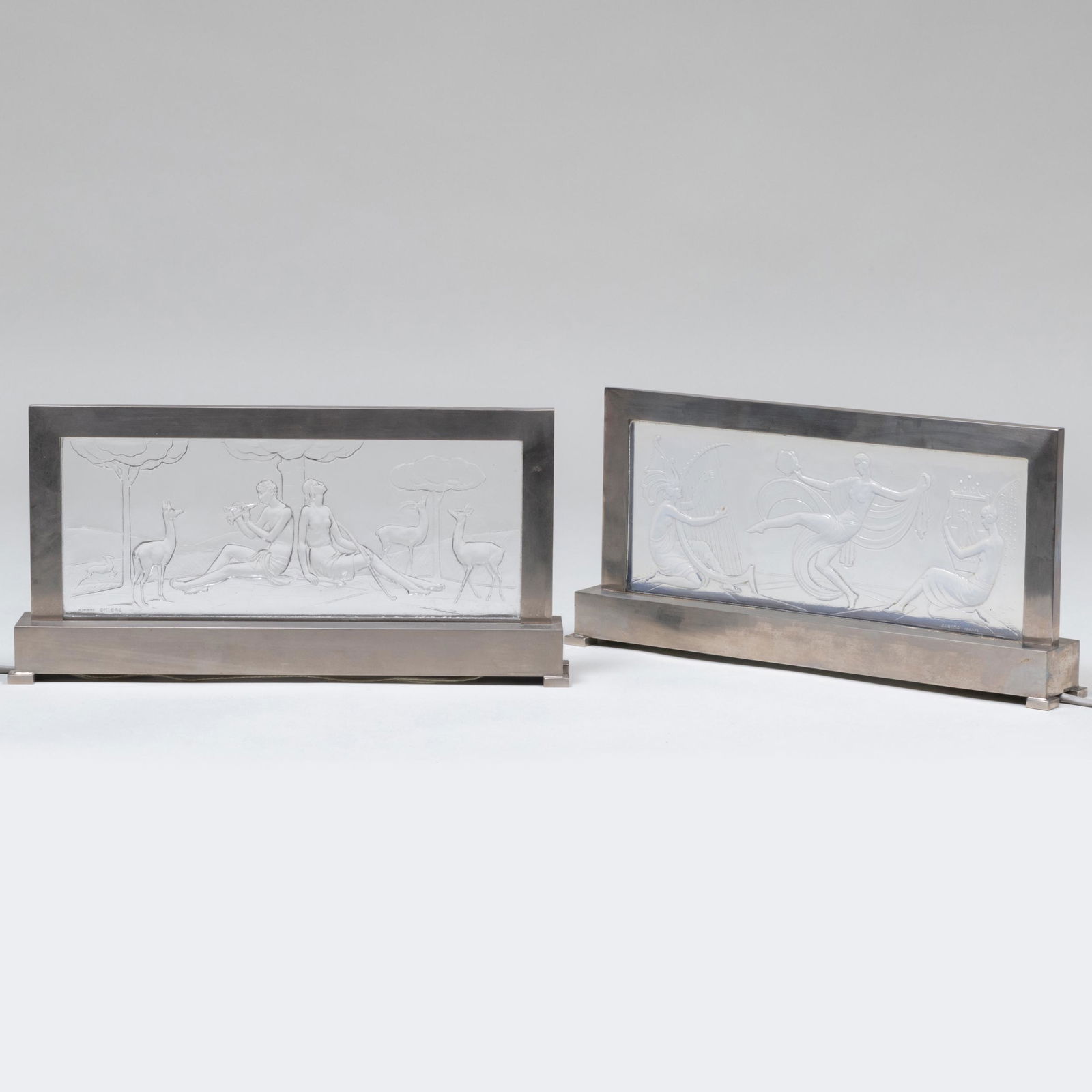 Pair of Sabino Art Deco Molded Glass Plaque Table Lights (1 of 7)