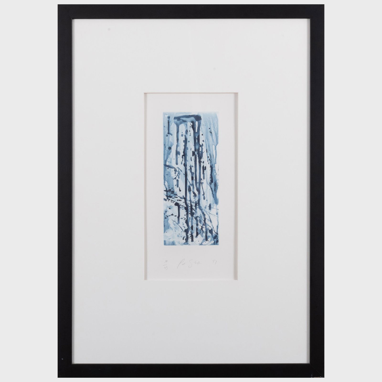 Pat Steir (b. 1938): Narrow Waterfall: Pat Steir (b. 1938): Narrow Waterfall Etching in blue and black on wove paper, 1991, signed and dated in pencil, numbered 19/25. 15 x 7 1/2 in. (sight), 30 x 21 1/2 in. (frame).