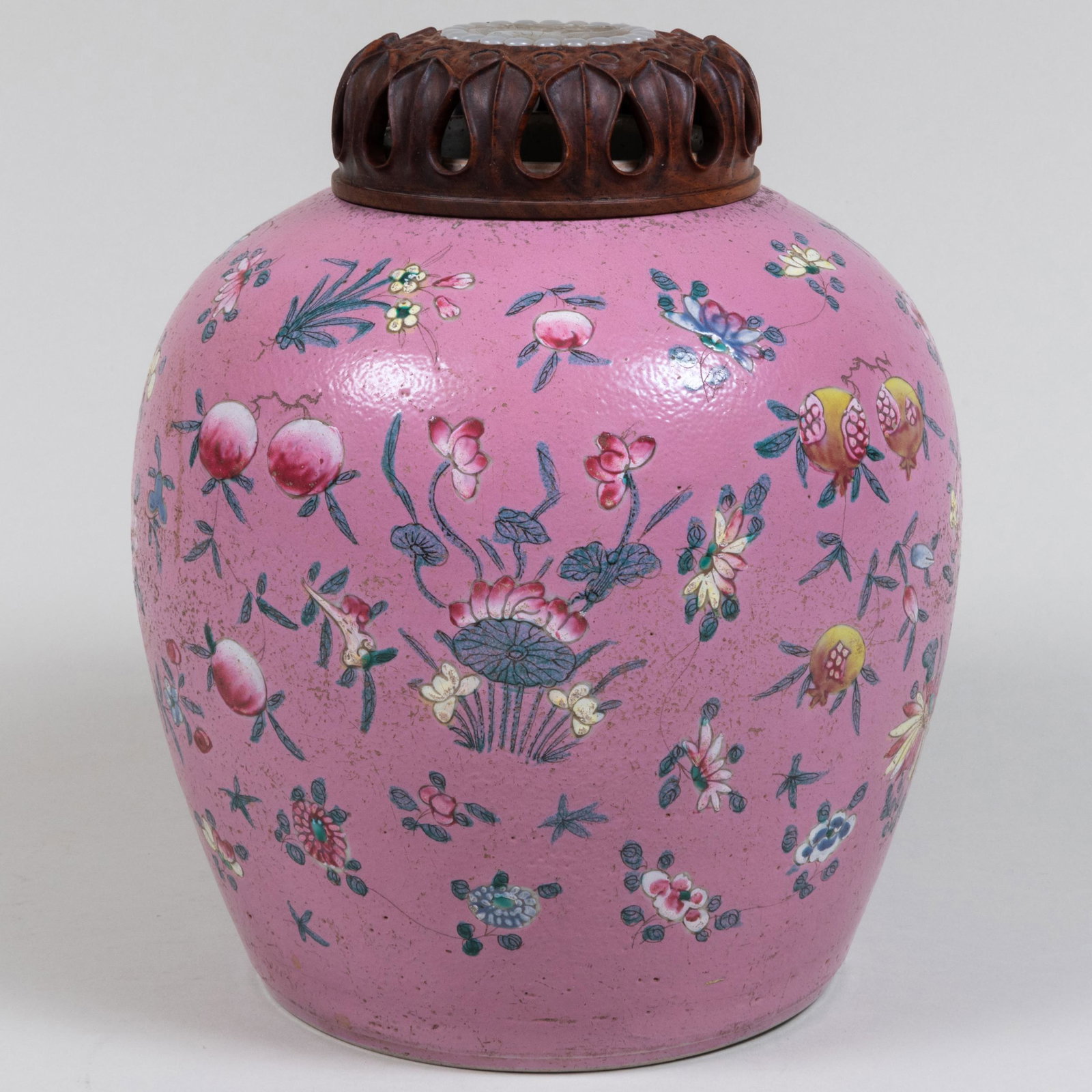 Chinese Pink Ground Ginger Jar with a Jade Inset Carved Wood Cover (1 of 8)