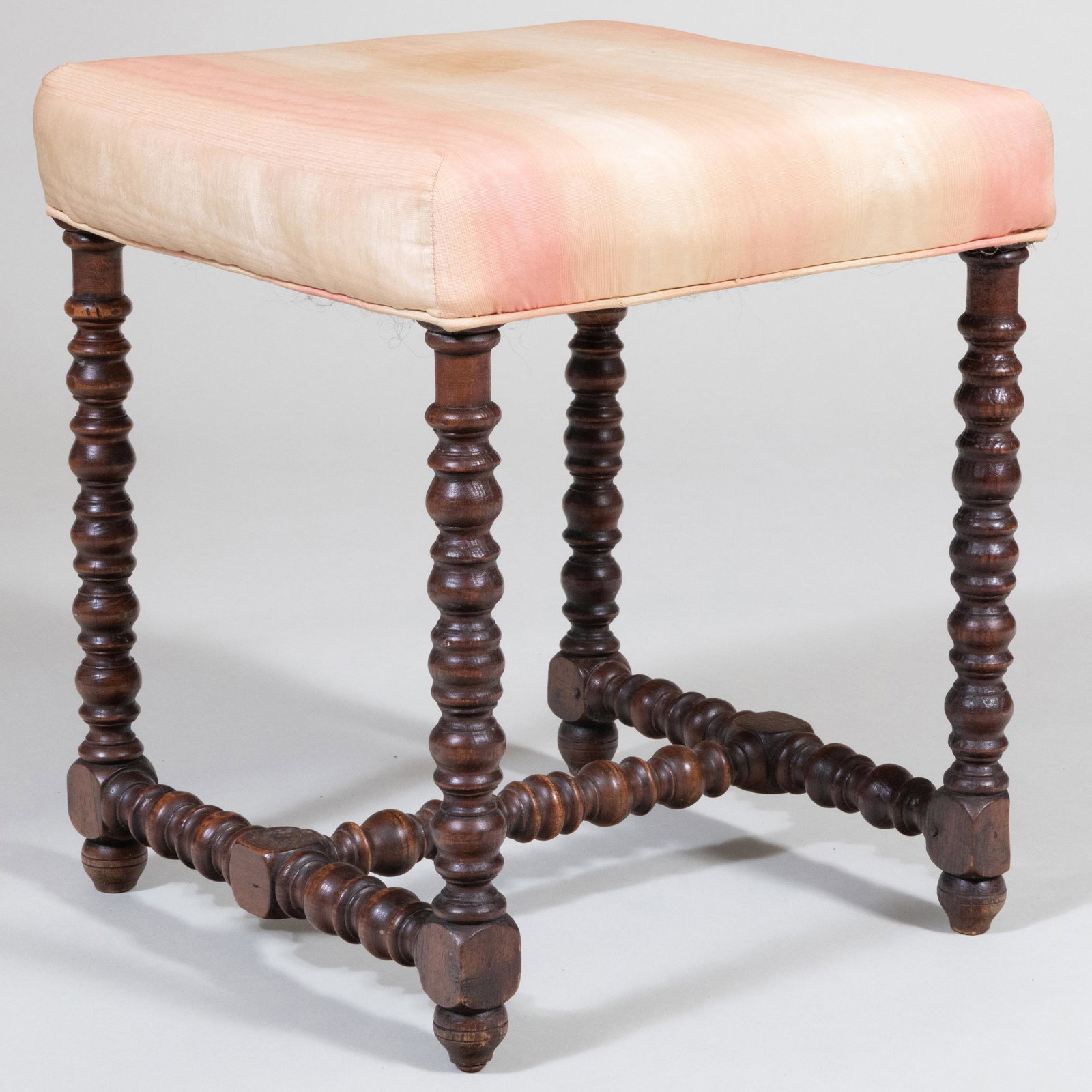 Dutch Baroque Style Turned Stained Wood Upholstered Stool (1 of 9)