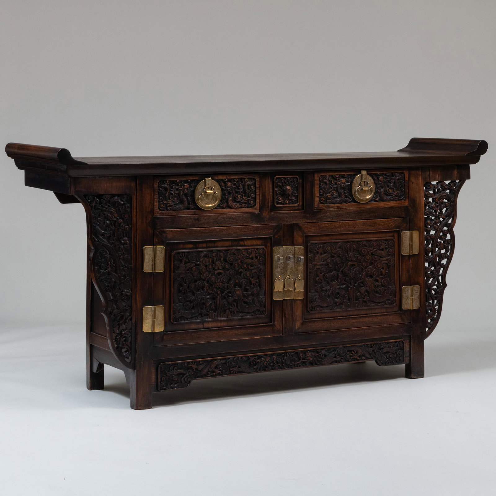 Chinese Brass-Mounted Carved Hardwood Cabinet (1 of 12)