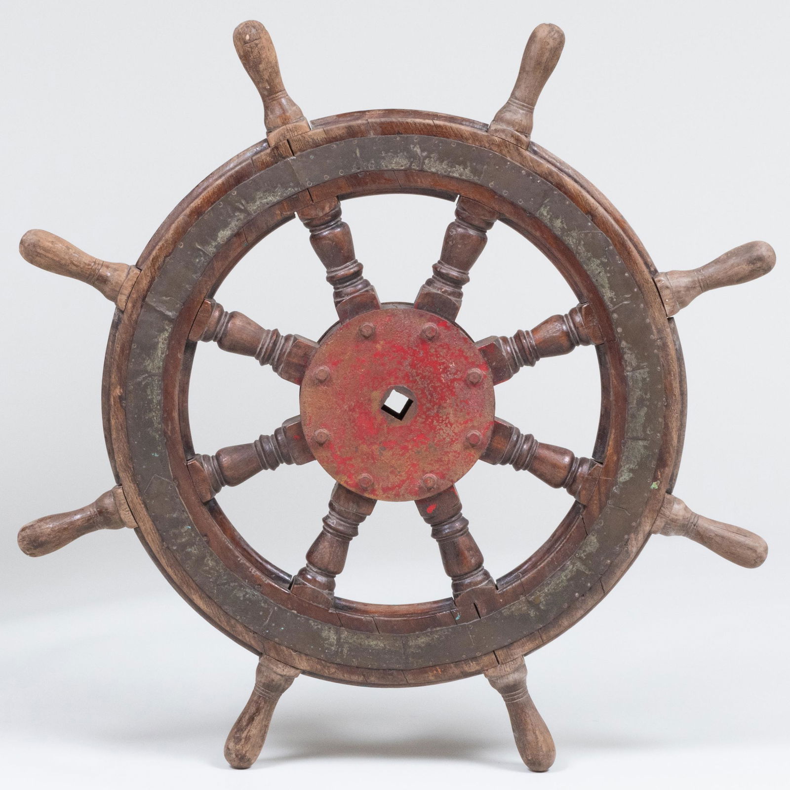 Red Painted Metal and Tin-Mounted Oak Ship's Wheel (1 of 8)