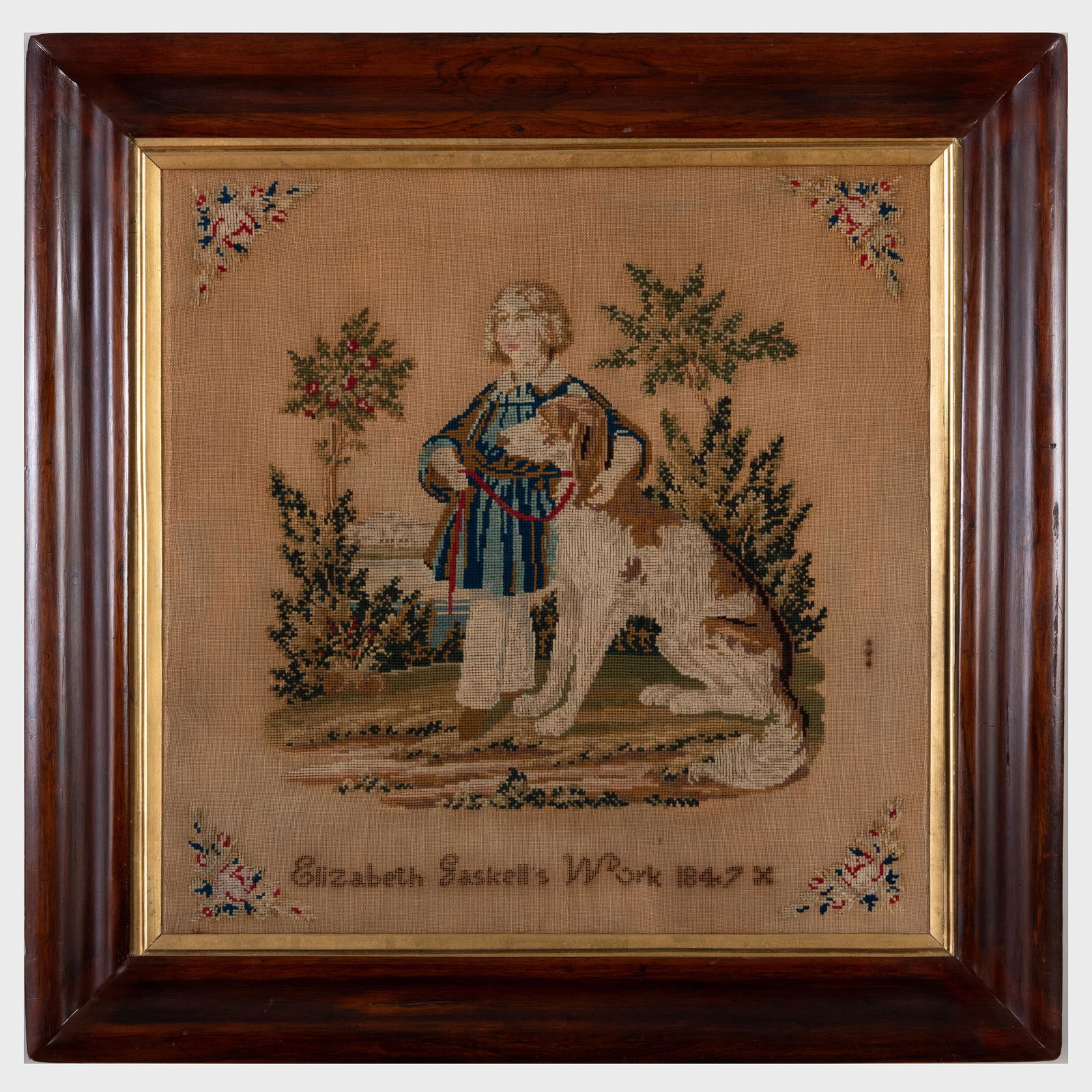 Victorian Needlework of a Child and Dog, Signed Elisabeth Gaskell's Work 1847 (1 of 3)