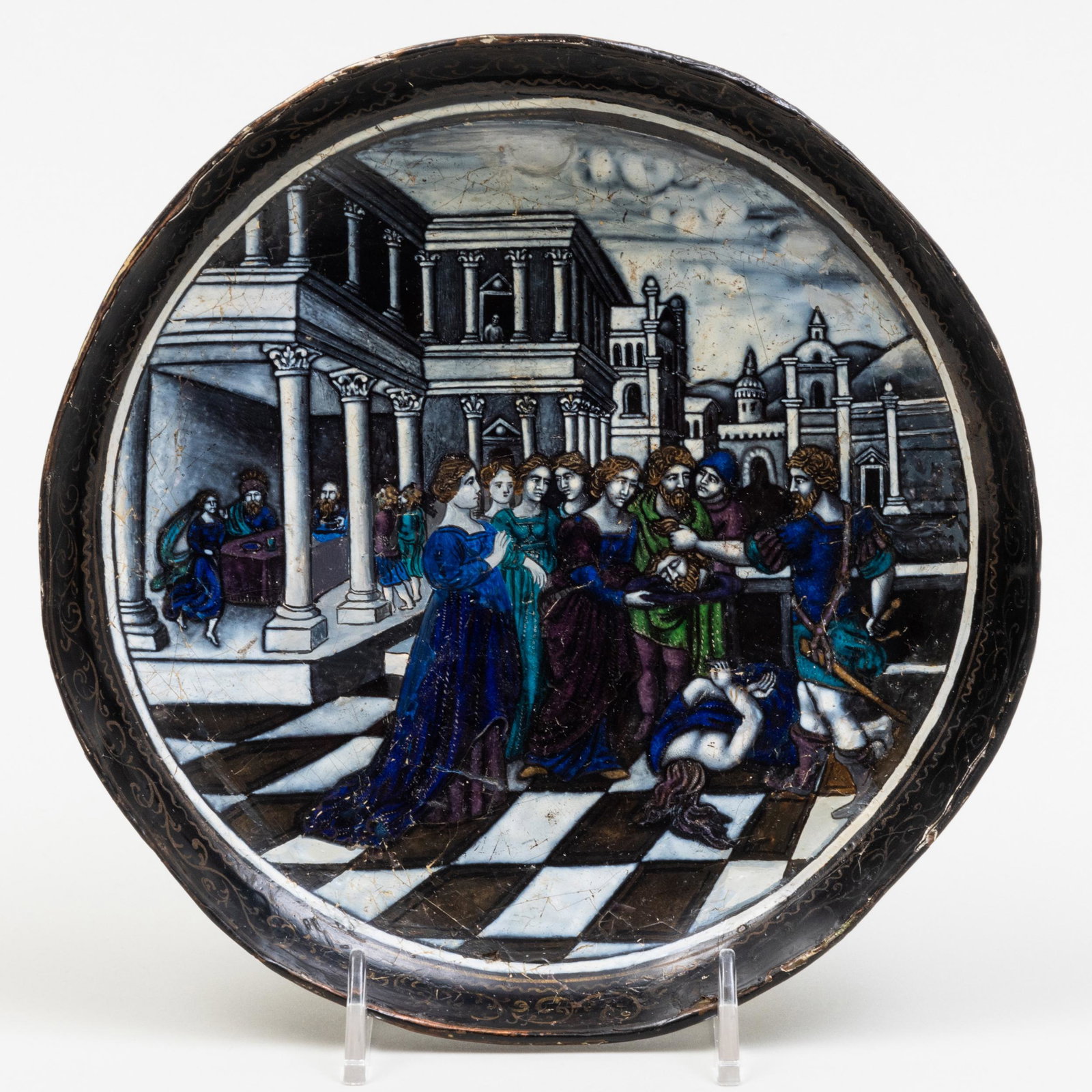 Limoges Enamel Dish Depicting the Beheading of John the Baptist: Limoges Enamel Dish Depicting the Beheading of John the Baptist Unmarked. 7 1/8 in. diam. The World of Joanne Woodward and Paul Newman