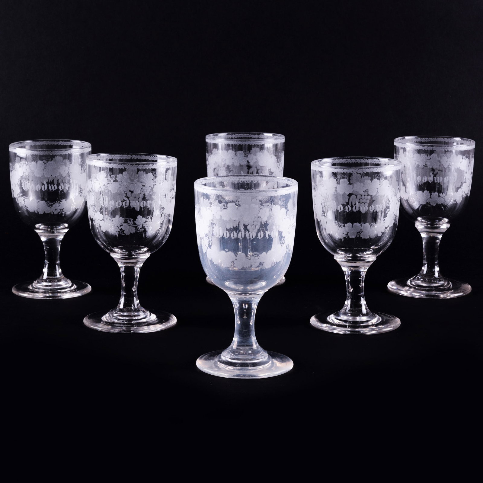 Set of Six Etched 'Woodword' Wine Glasses: Set of Six Etched 'Woodword' Wine Glasses Unmarked. 6 x 3 1/4 in. diam. The World of Joanne Woodward and Paul Newman