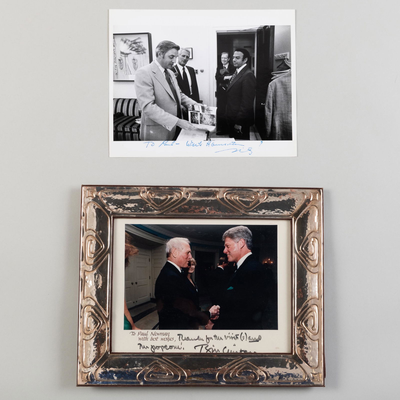 Photograph of Paul Newman with President Bill Clinton; and Photograph of Paul Newman with Walter (1 of 4)