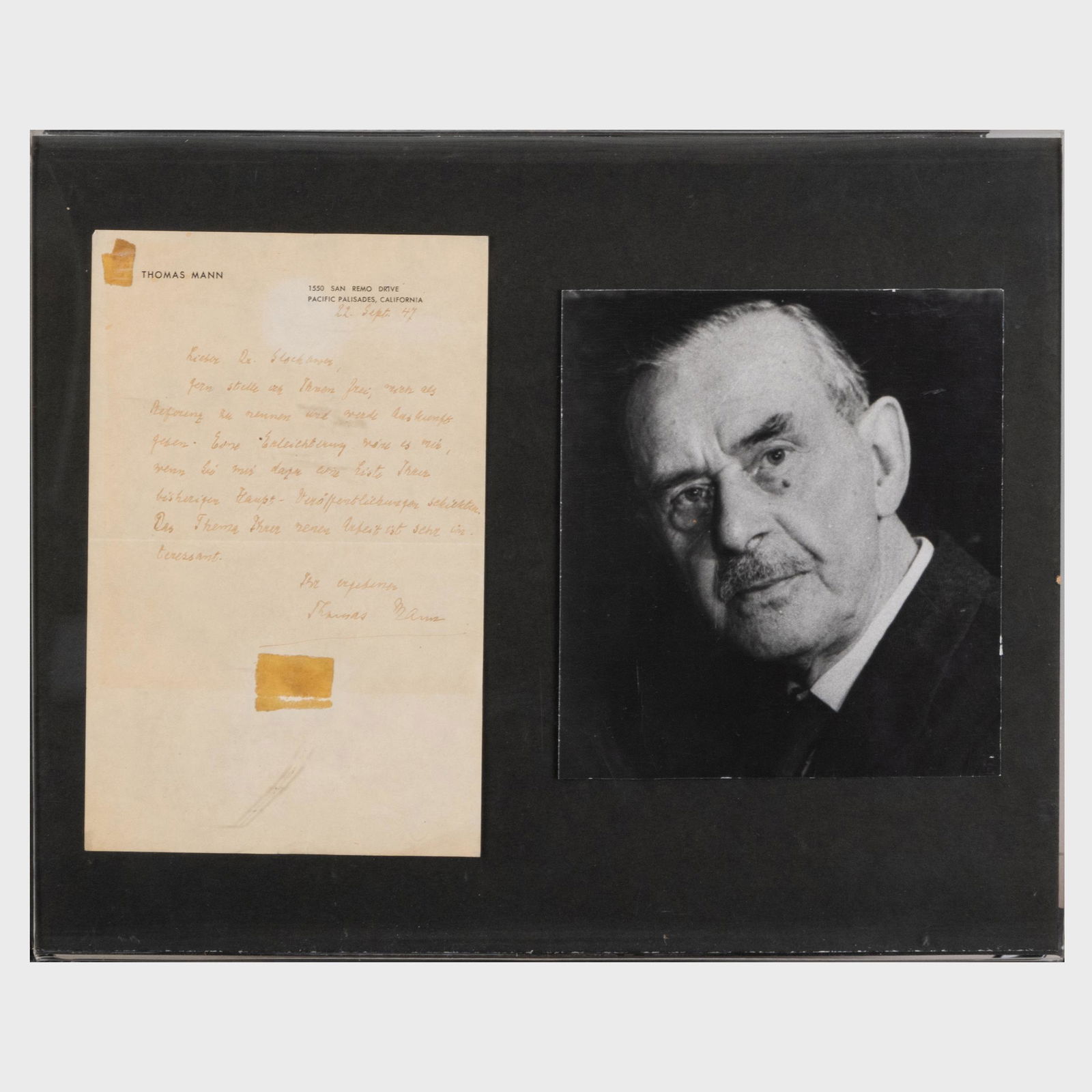 Thomas Mann Letter and Photograph: Thomas Mann Letter and Photograph Hand-written letter on personal stationery with a black and white photograph. Letter 8 1/2 x 5 1/2 in. (sheet), photo 6 3/4 x 6 in. (sheet), 11 1/2 x 14 in. (framed t