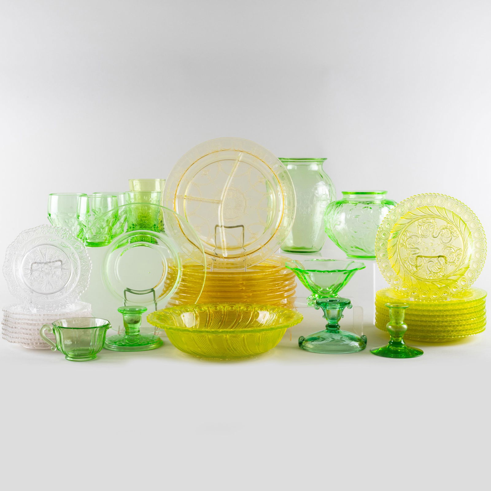 Assembled Clear, Green, and Yellow Pressed Glass Table Service (1 of 20)