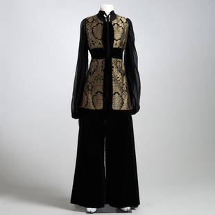 Thea Porter Silk, Velvet and Damask Three Piece Pantsuit, worn by Joanne Woodward: Thea Porter Silk, Velvet and Damask Three Piece Pantsuit, worn by Joanne Woodward With three labels. The pants and tunic vest are lined. The World of Joanne Woodward and Paul Newman