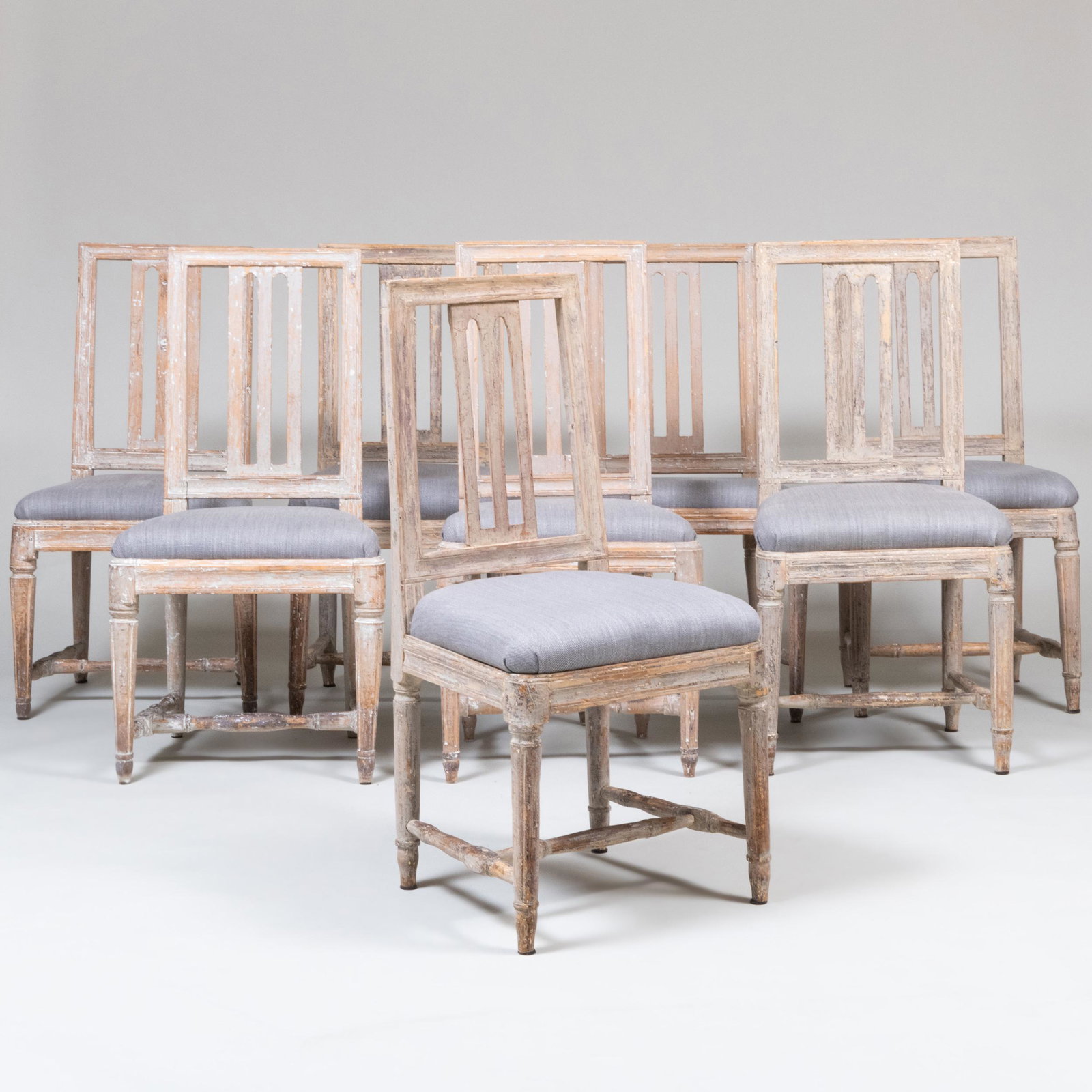 Set of Eight Swedish Neoclassical Painted Side Chairs: Set of Eight Swedish Neoclassical Painted Side Chairs Variously inscribed with Roman numerals on the seat rails. 36 x 18 x 16 in., seat height 18 1/2 in. Lief in LA