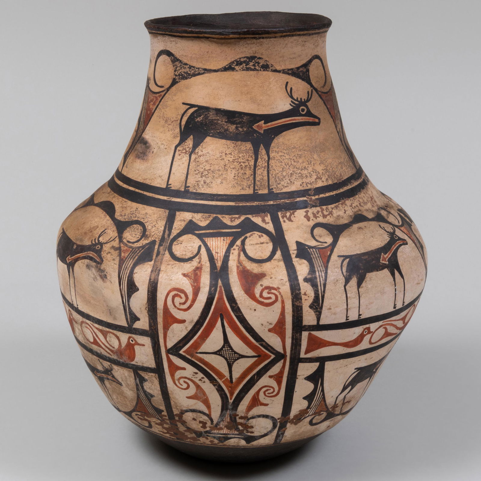 Native American Painted Pottery Vessel with Deer, Possibly Zia Pueblo: Native American Painted Pottery Vessel with Deer, Possibly Zia Pueblo 13 x 10 in. diam.