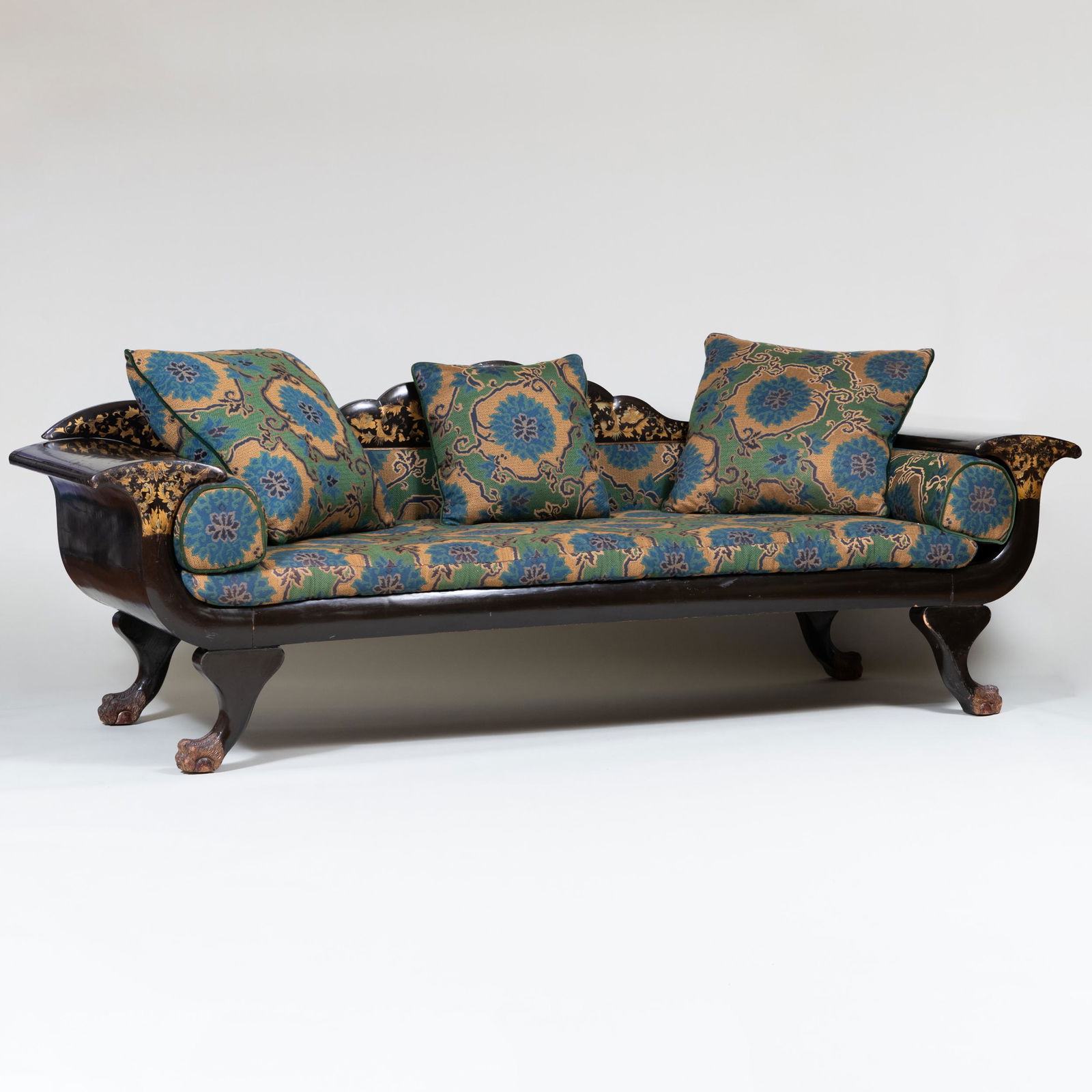 Unusual Chinese Export Polychrome Decorated Lacquer, Caned and Silk Upholstered Sofa/Opium Bed: Unusual Chinese Export Polychrome Decorated Lacquer, Caned and Silk Upholstered Sofa/Opium Bed With three matching cushions. 32 3/4 in. x 7 ft. 10 1/2 in. x 30 1/4 in., seat height: 17 in. (including