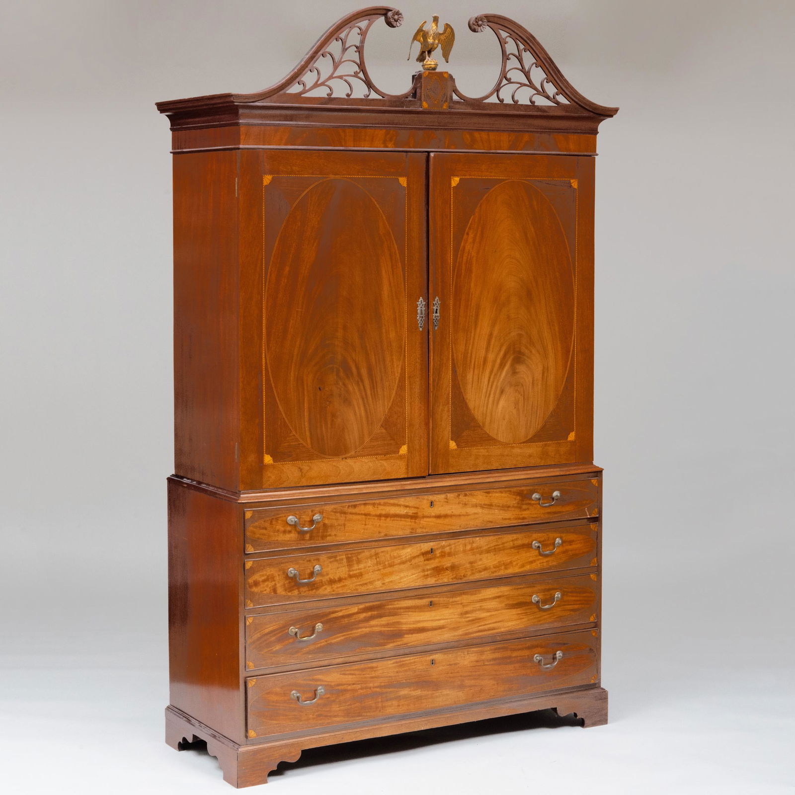 Federal Inlaid Mahogany Linen Press, New York, Attributed to Michael Allison: Federal Inlaid Mahogany Linen Press, New York, Attributed to Michael Allison In two parts. 7 ft. 6 in. x 4 ft. 5 1/2 in. x 21 1/4 in.