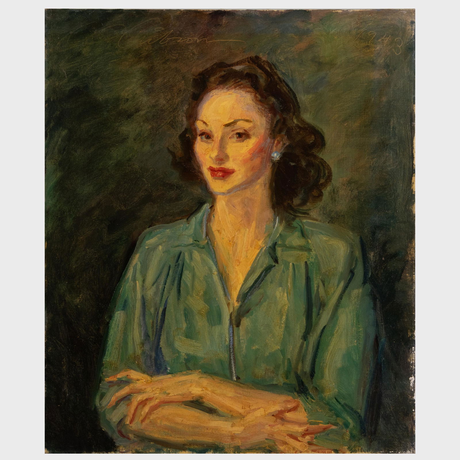Charles Dana Gibson (1867-1944): Portrait of a Woman in a Green Shirt: Charles Dana Gibson (1867-1944): Portrait of a Woman in a Green Shirt Oil on canvas, 1943, signed 'Gibson' and dated at top. 30 x 25 in., unframed.