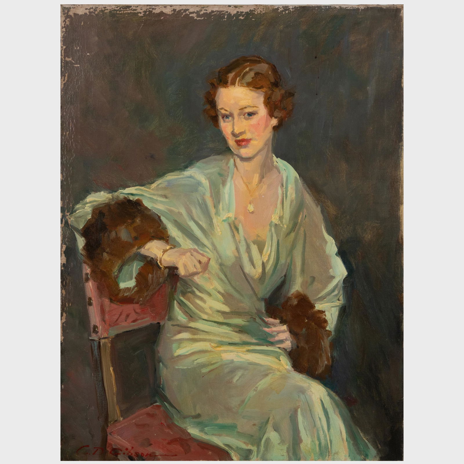 Charles Dana Gibson (1867-1944): Portrait of a Lady in a Green Gown: Charles Dana Gibson (1867-1944): Portrait of a Lady in a Green Gown Oil on canvas, signed 'C.D. Gibson' lower left. 40 x 30 in., unframed.