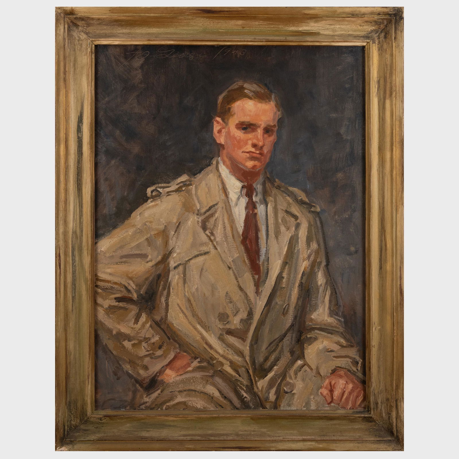 Charles Dana Gibson (1867-1944): Portrait of a Man in a Trench Coat: Charles Dana Gibson (1867-1944): Portrait of a Man in a Trench Coat Oil on canvas, 1943, signed 'C.D. Gibson' lower left, dated and inscribed 'To George' upper left. 40 x 30 in., 47 x 37 in. (frame).