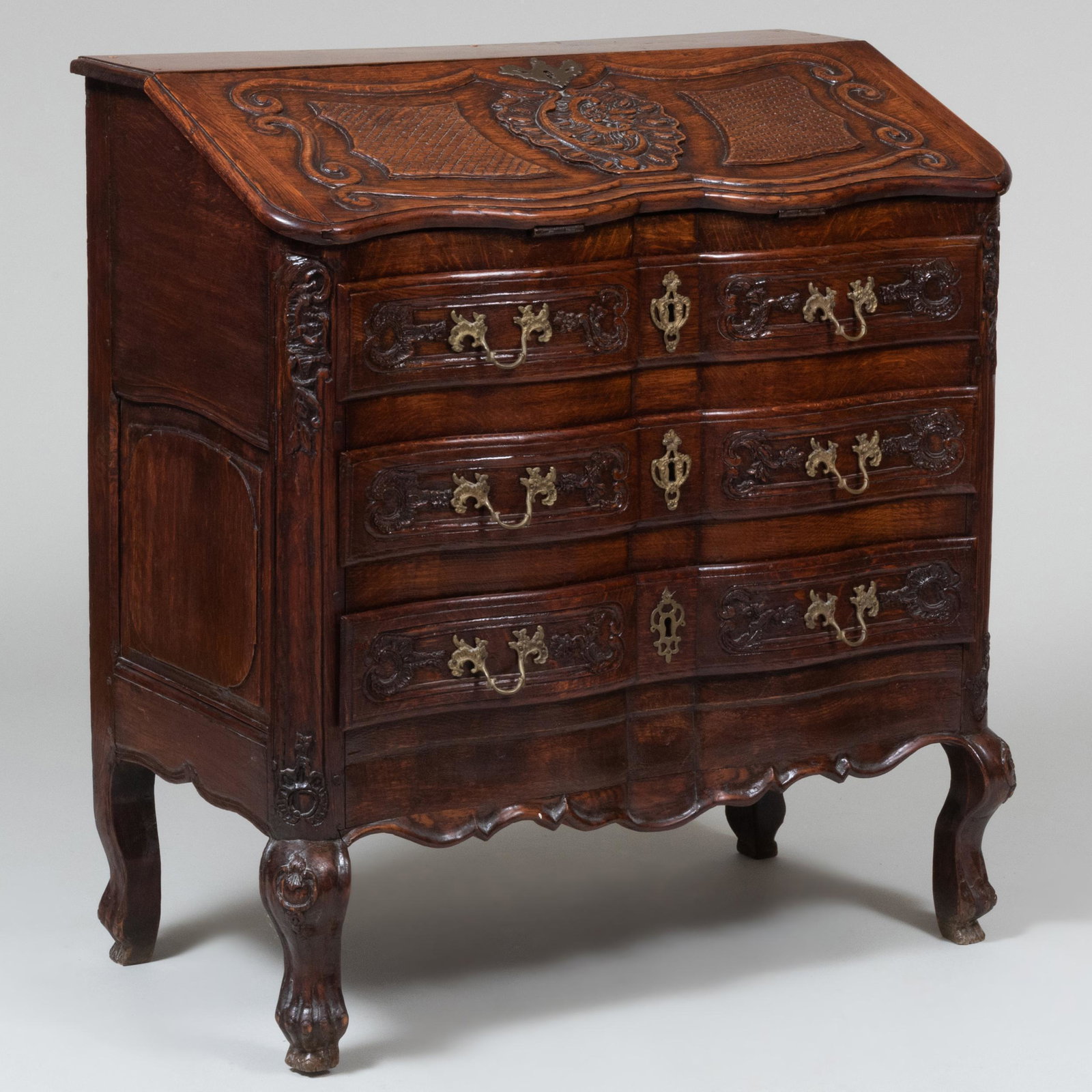 French Provincial Carved Oak Slant-Front Bureau: French Provincial Carved Oak Slant-Front Bureau 39 x 36 1/2 x 20 in.
