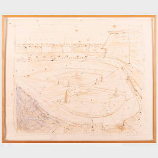 Nabil Nahas (b. 1949): The "Frenchise" Yankee Stadium: Nabil Nahas (b. 1949): The "Frenchise" Yankee Stadium Mixed media on paper, 1988, signed 'Nabil Nahas', titled and dated lower right, with label from The Municipal Art Society. 22 3/4 x 28 in. (sheet)