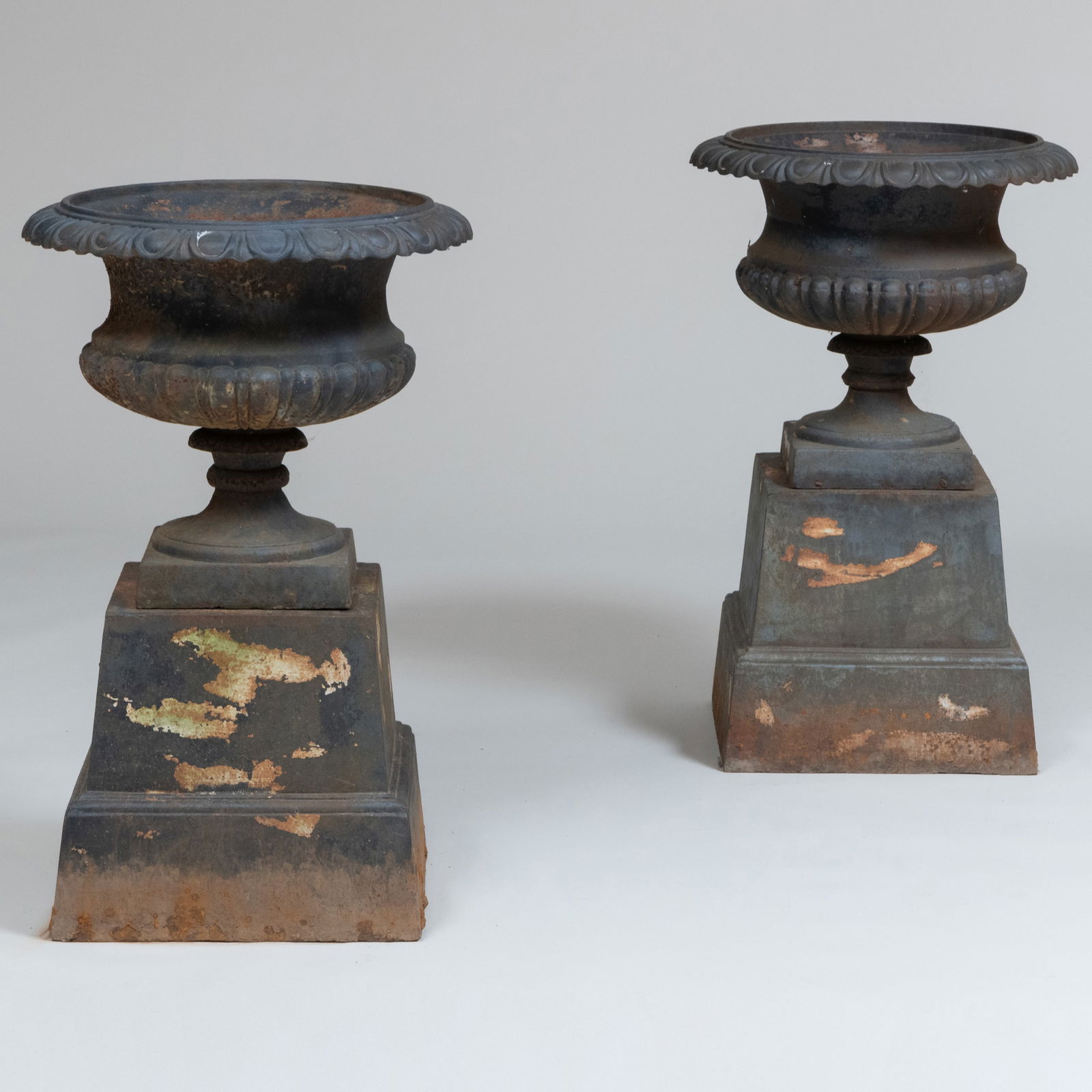 Pair of Cast Iron Garden Urns On Pedestal Bases (1 of 10)