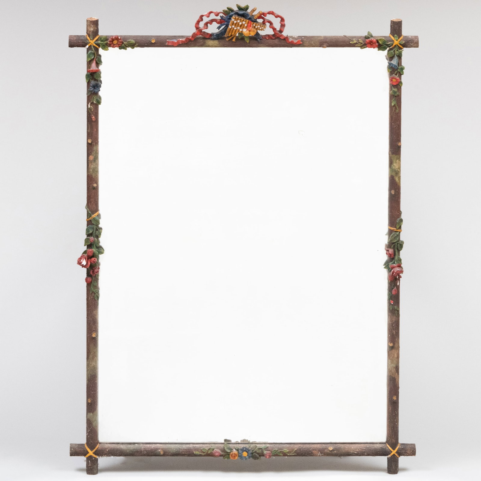 Rustic Faux Bois and Floral Painted Mirror: Rustic Faux Bois and Floral Painted Mirror 6 ft. 1/2 in. x 4 ft. 4 1/4 in. The Collection of Andre Leon Talley