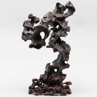 Chinese Bronze Scholar's Rock Sculpture: Chinese Bronze Scholar's Rock SculptureTogether with a wood stand.The bronze 20 x 12 x 10 in.