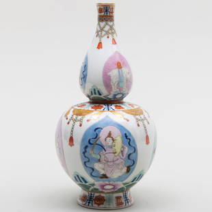 Chinese Famille Rose Enamel and Polychrome Painted Porcelain Double Gourd Vase: Chinese Famille Rose Enamel and Polychrome Painted Porcelain Double Gourd VaseIron red seal mark.10 x 5 in. diam.