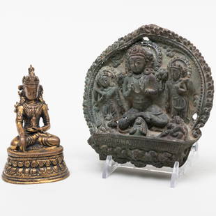 Small Nepalese Gilt-Bronze Figure of Akshobhya and a Copper Repousse Plaque of Surya: Small Nepalese Gilt-Bronze Figure of Akshobhya and a Copper Repousse Plaque of Surya Unmarked. The figure 4 x 2 1/2 x 2 in., the plaque 5 1/4 x 5 1/2 x 1 1/2 in. Gilt figure Sold, Sotheby's London, 12